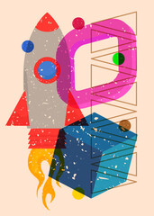Risograph Rocketship with geometric shapes. Objects in trendy riso graph print texture style design with geometry elements.