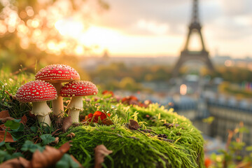 Red fly agaric mushrooms (Amanita muscaria) in Paris, France against the background of the Eiffel Tower. Mushrooms in the city