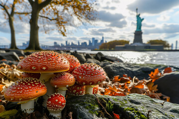 Red fly agaric mushrooms (Amanita muscaria) in New York City, USA on the background of the Statue of Liberty. Mushrooms in the city
