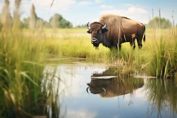 Foto op Canvas buffalo beside a natural prairie pond © Natalia