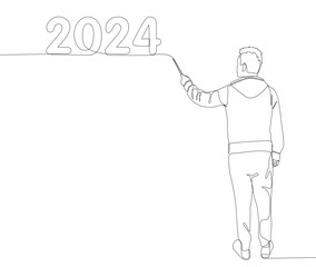One continuous line of Man pointing with finger at number 2024. Thin Line Illustration vector concept. Contour Drawing Creative ideas.