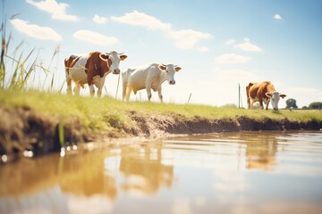 cows drinking from a pond under the midday sun - obrazy, fototapety, plakaty