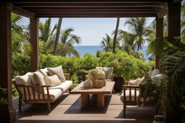 Obraz premium Greenery-filled terrace overlooking the ocean, surrounded by tropical plant life, Generative AI