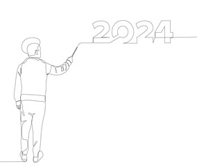 One continuous line of Man pointing with finger at number 2024. Thin Line Illustration vector concept. Contour Drawing Creative ideas.