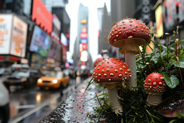 Red fly agaric mushrooms (Amanita muscaria) in New York City, USA in Times Square. Mushrooms in the city
