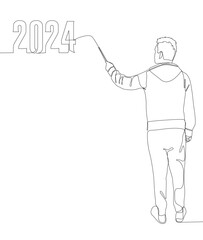 One continuous line of Man pointing with finger at number 2024. Thin Line Illustration vector concept. Contour Drawing Creative ideas.