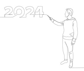 One continuous line of Man pointing with finger at number 2024. Thin Line Illustration vector concept. Contour Drawing Creative ideas.