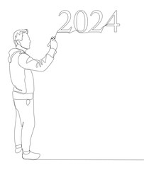 One continuous line of Man pointing with finger at number 2024. Thin Line Illustration vector concept. Contour Drawing Creative ideas.