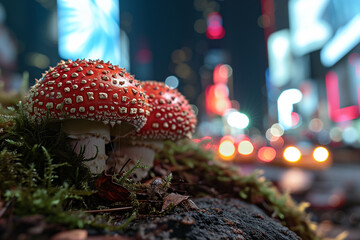 Red fly agaric mushrooms (Amanita muscaria) on the background of a busy night street. Mushrooms in the city