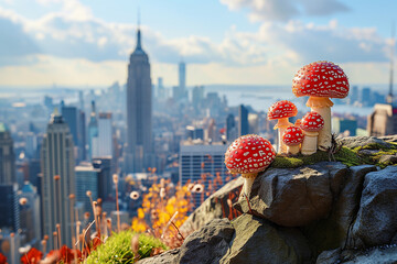 Red fly agaric mushrooms (Amanita muscaria) in New York City, USA on the background of a view of the city and skyscrapers. Mushrooms in the city