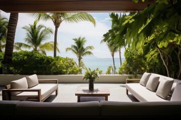 Fototapeta premium Greenery-filled terrace overlooking the ocean, surrounded by tropical plant life, Generative AI