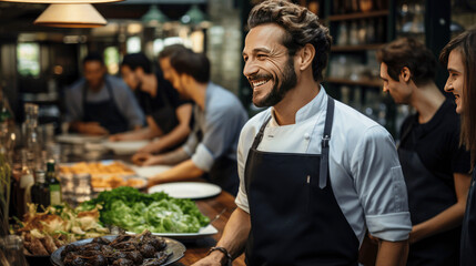 a chef in a bustling restaurant interacting with the kitchen staff
 - obrazy, fototapety, plakaty