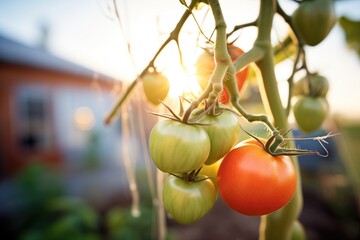 plump tomatoes on the vine at first light - obrazy, fototapety, plakaty