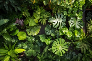 Overhead view of a tropical garden featuring a variety of green leaves, Generative AI