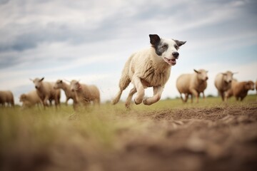 a dog herding sheep towards a feeding area
