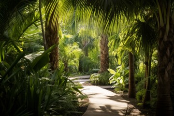 Fototapeta na wymiar Palm-lined pathway leading to a hidden oasis with emerald-green foliage, Generative AI