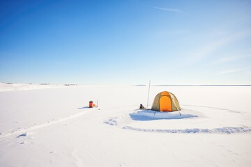 solitary ice fishing hole on a frozen lake