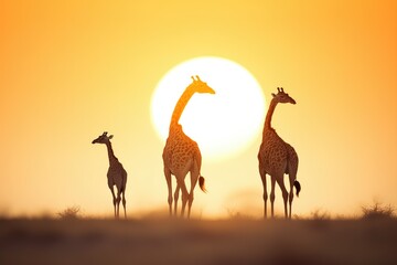 Fototapeta na wymiar silhouette of giraffe pair with a calf at sunset