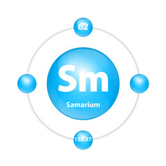 Samarium (Sm) Icon structure chemical element round shape circle light blue with surround ring Period number shows of energy levels of electron. Study science for education. 3D Illustration vector