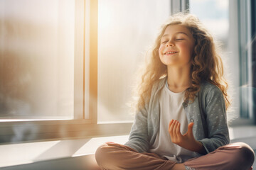 Obraz premium girl smiles and sits in lotus position near the window