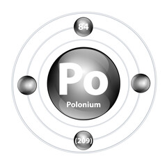 Icon structure chemical element Polonium (Po) round shape circle black with surround ring. Period number shows of energy levels of electron. Study science for education. 3D Illustration vector.