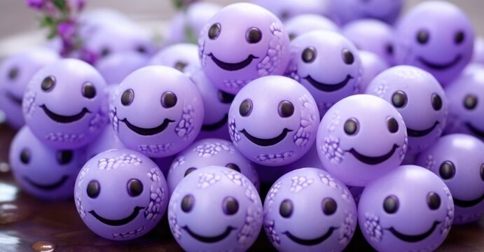 A row of cheerful purple smiley faces brings joy and happiness. Generative AI.