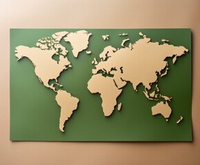 Minimalist paper cutout of Earth's continents in rich green against  paper, symbolizing eco-friendliness. Generative AI.
