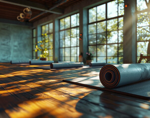 Modern yoga gym interior with unrolled yoga mats equipment