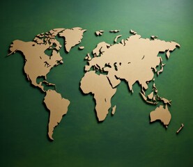 A contemporary paper cut map of the world in a green hue, emphasizing eco-consciousness on a cardboard-like background. Generative AI.