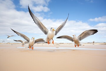 gulls taking off from a beach, wings spread wide and sand scattering
