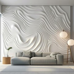 A modern living room with a mesmerizing wave wall mural. Generative AI.