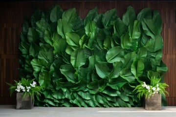 Vibrant green banana leaf wall providing a natural backdrop in a tropical setting , Generative AI