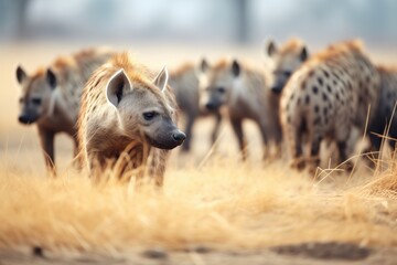 broad view of hyenas in a noisy gathering - obrazy, fototapety, plakaty