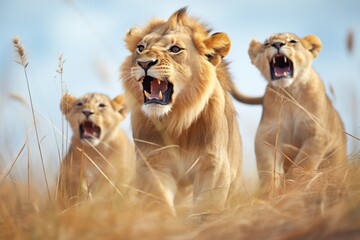 lion teaching cubs to roar on a dry grassy hillock - obrazy, fototapety, plakaty