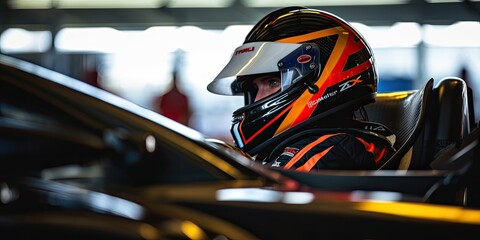Side view photograph of a racecar driver wearing his helmet sitting inside his gran turismo gorgeous hypercar at the racetrack, 