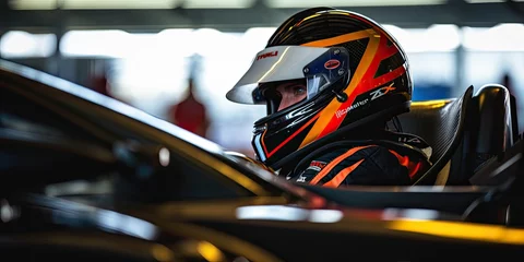 Foto auf Leinwand Side view photograph of a racecar driver wearing his helmet sitting inside his gran turismo gorgeous hypercar at the racetrack,  © kimly