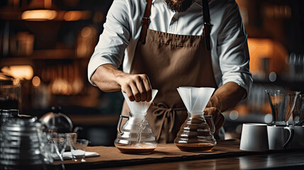 a barista preparing coffee focusing on the details of pouring
 - obrazy, fototapety, plakaty