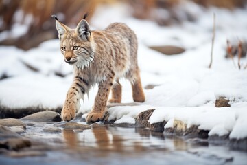 lone lynx walking alongside a frozen creek