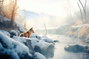 frozen riverbank & a foxs steamy exhale - obrazy, fototapety, plakaty