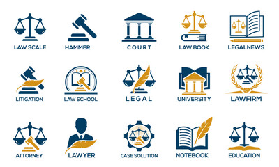 Law Firm Icon Set vector. Law, Lawyer, Attorney, Legal service court house icon design.