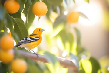 sunbeam illuminating oriole in orange grove