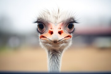 ostrich staring directly into camera lens - obrazy, fototapety, plakaty