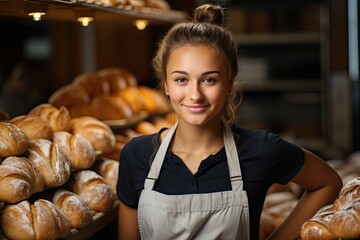 Smiling baker woman standing with fresh bread and pastry at bakery. Young woman in her bake shop and looking at camera. baker with breads in background. Girl owner bakery shop