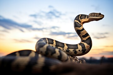 silhouette of a rattlesnake at dusk with prey in sight - obrazy, fototapety, plakaty