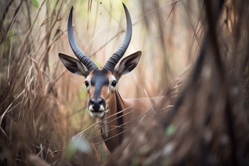sable antelope navigating through dense brush - obrazy, fototapety, plakaty