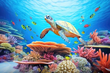 wide-angle of turtle over colorful reef landscape