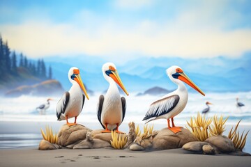 Fototapeta na wymiar pelicans sitting on a sandy cliff over the ocean