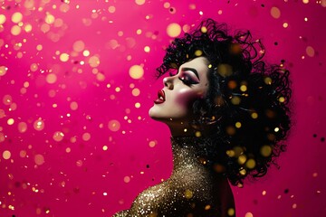 Portrait studio shot of drag queen on a bright pink background with golden confetti