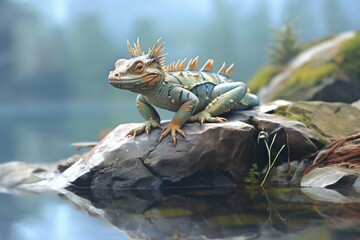 water dragon basking on a rock