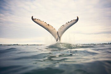 whale tail flip above waves - obrazy, fototapety, plakaty